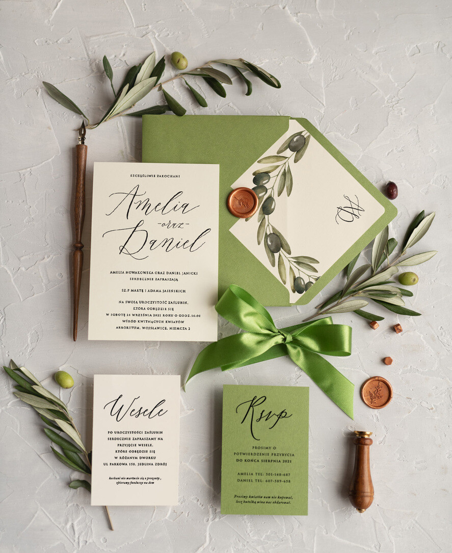 Zaproszenia ślubne Natura rustykalne zaproszenia ślubne Oliwki zaproszenia na ślub z naturalną Gałązką Oliwkową zielone zaproszenie na ślub Toskania Oliwka5