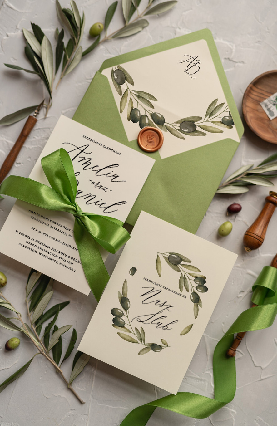 Zaproszenia ślubne Natura rustykalne zaproszenia ślubne Oliwki zaproszenia na ślub z naturalną Gałązką Oliwkową zielone zaproszenie na ślub Toskania Oliwka6