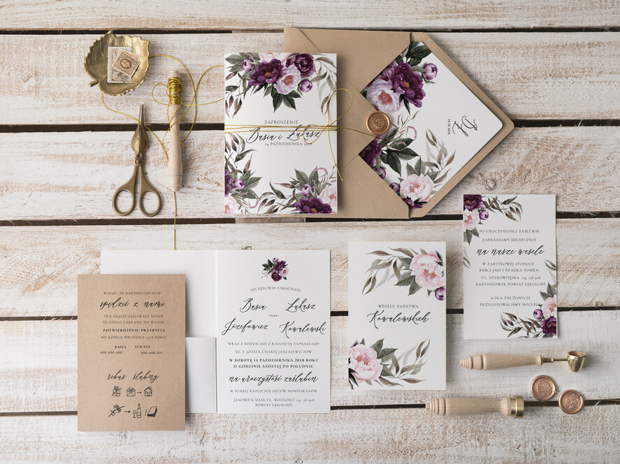 Zaproszenia ślubne Natura rustykalne zaproszenia na ślub ręcznie robione bordowe kwiaty eko koperta1
