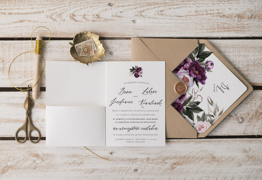 Zaproszenia ślubne Natura rustykalne zaproszenia na ślub ręcznie robione bordowe kwiaty eko koperta2