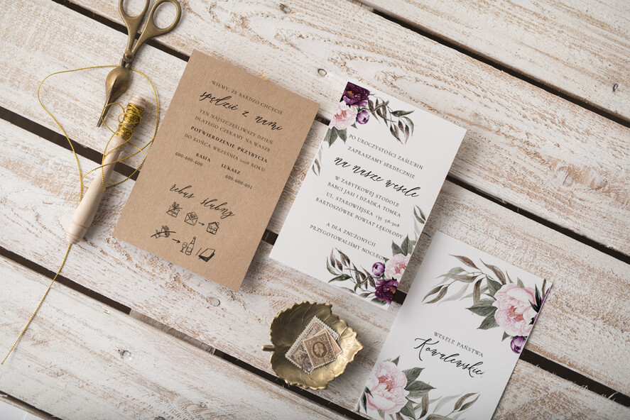 Zaproszenia ślubne Natura rustykalne zaproszenia na ślub ręcznie robione bordowe kwiaty eko koperta3