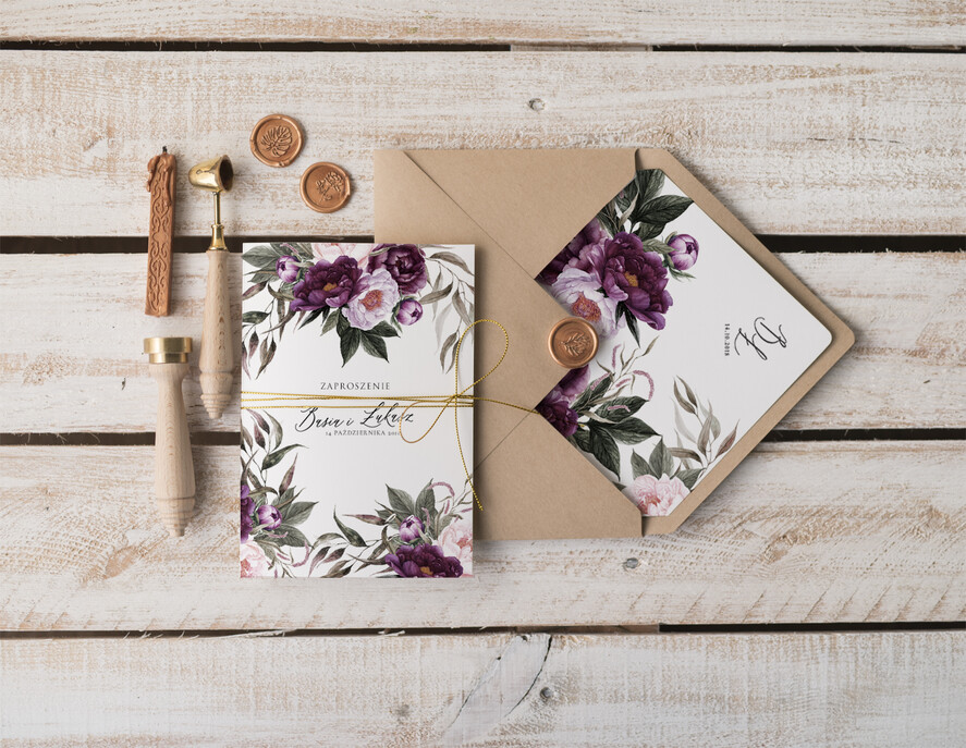 Zaproszenia ślubne Natura rustykalne zaproszenia na ślub ręcznie robione bordowe kwiaty eko koperta0
