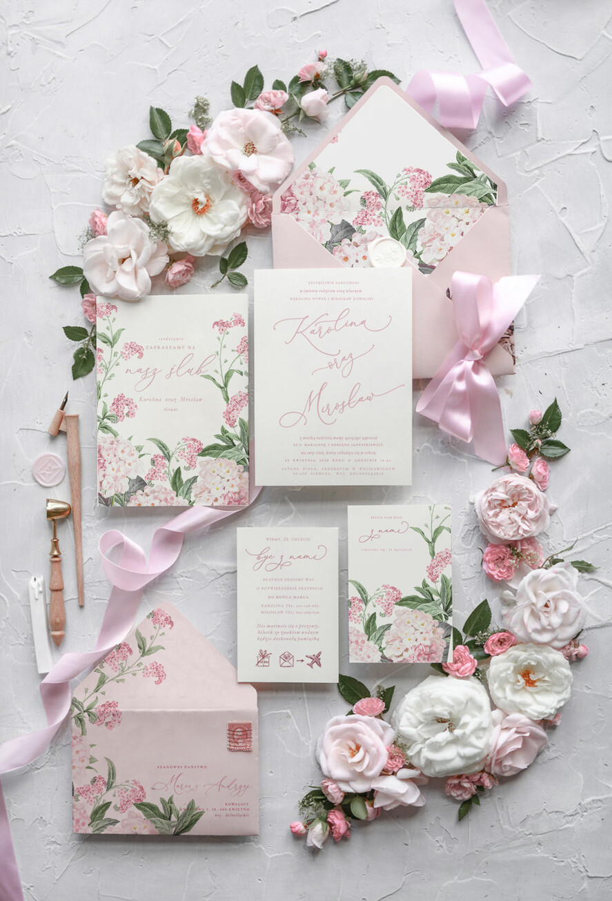 Zaproszenia ślubne Natura zaproszenia ślubne rózowe niezapominajki i hortensje boho rustykalne zaproszenie na ślub   1