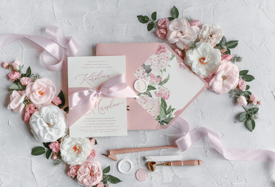 Zaproszenia ślubne Natura zaproszenia ślubne rózowe niezapominajki i hortensje boho rustykalne zaproszenie na ślub   2