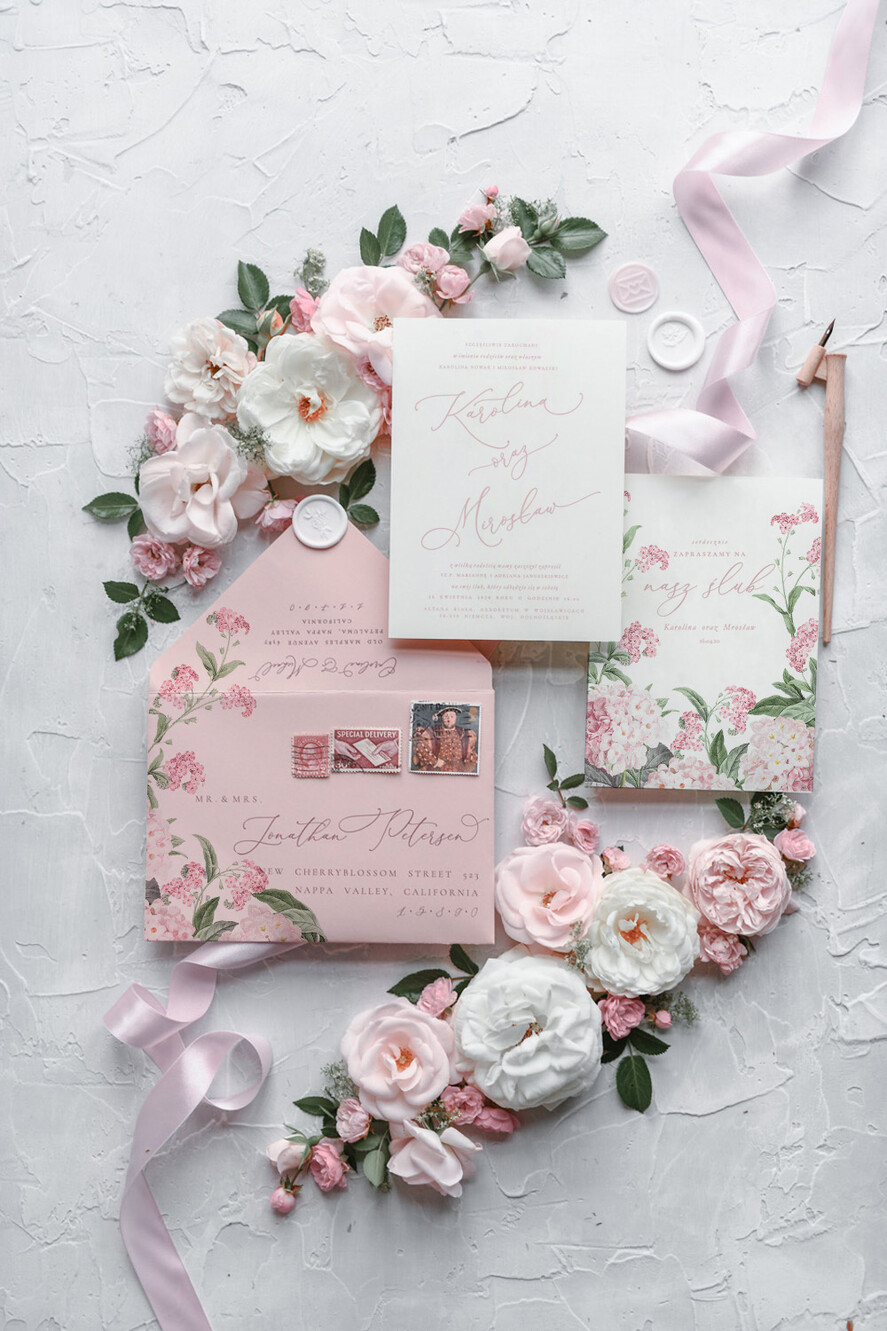 Zaproszenia ślubne Natura zaproszenia ślubne rózowe niezapominajki i hortensje boho rustykalne zaproszenie na ślub   4