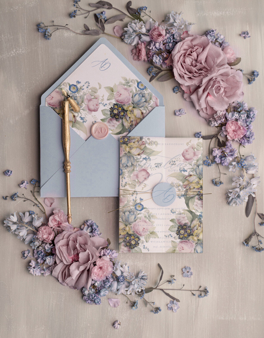 Zaproszenia ślubne Natura rustykalne delikatne zaproszenia na ślub zaproszenia ślubne z kalką dusty blue1