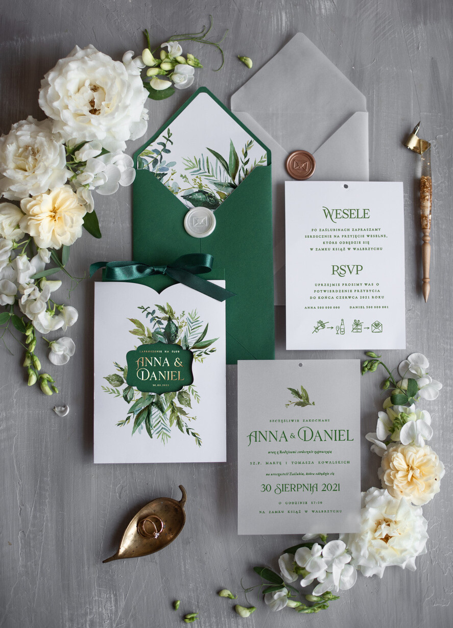 Zaproszenia ślubne Natura Złocone Eukaliptus Zaproszenia Ślubne Zieleń i Złoto  Zaproszenia na Ślub Delikatne Zaproszenie Ślubne Zielone Eukaliptus 12