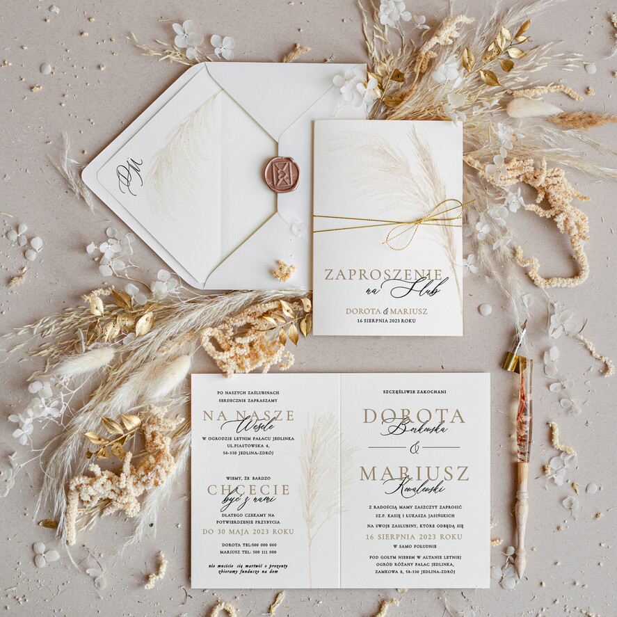 Zaproszenia ślubne Natura modne zaproszenia ślubne, rustykalne boho na wesele w plenerze, składane zaproszenia na ślub trawa pampasowa1