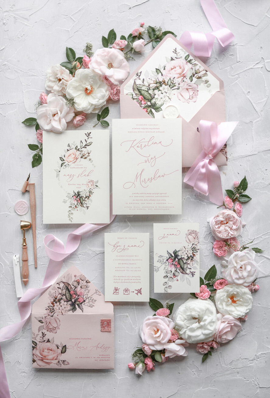 Zaproszenia ślubne Natura eleganckie zaproszenia ślubne romantyczne róże piękna kokarda 1