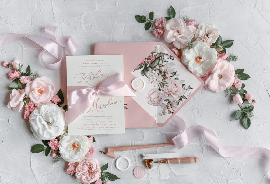 Zaproszenia ślubne Natura eleganckie zaproszenia ślubne romantyczne róże piękna kokarda 3