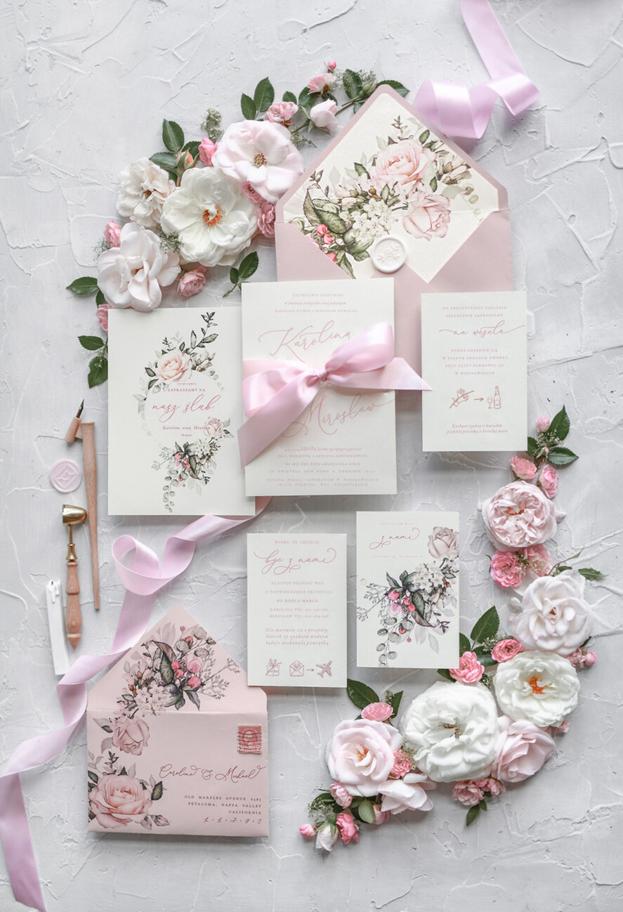 Zaproszenia ślubne Natura eleganckie zaproszenia ślubne romantyczne róże piękna kokarda 4