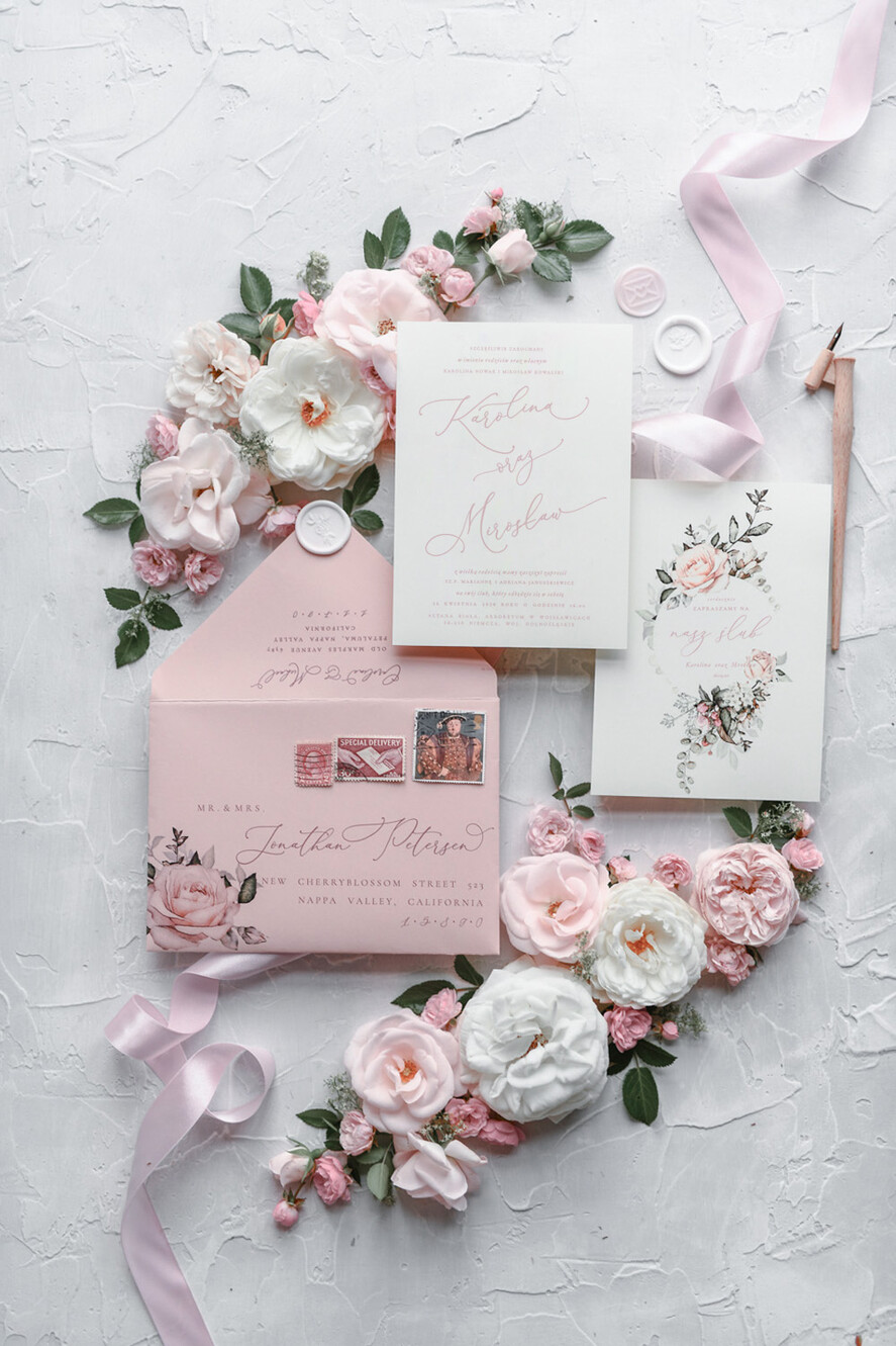 Zaproszenia ślubne Natura eleganckie zaproszenia ślubne romantyczne róże piękna kokarda 6