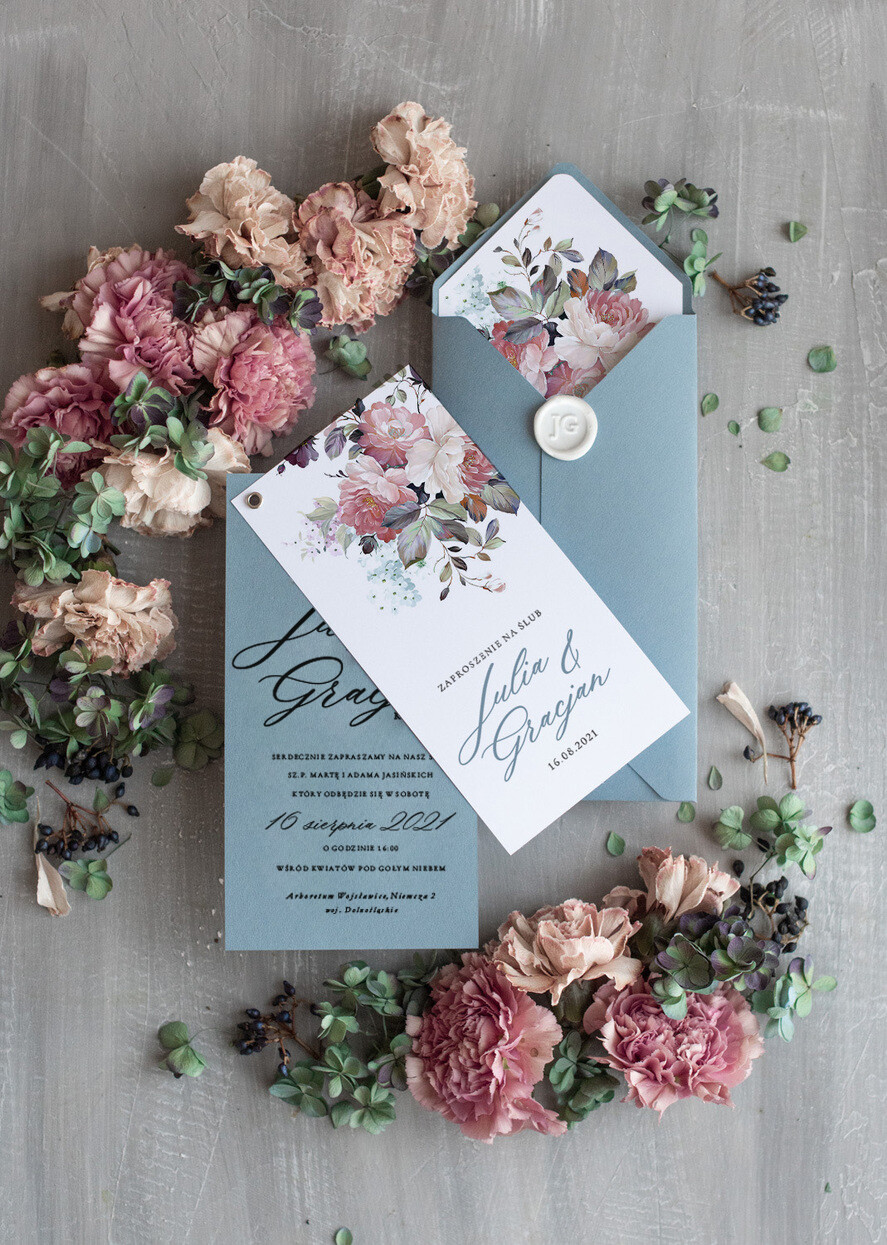 Zaproszenia ślubne Natura kwiatowe oryginalne zaproszenia na ślub idealne na letni ślub w niebieskich odcieniach 0