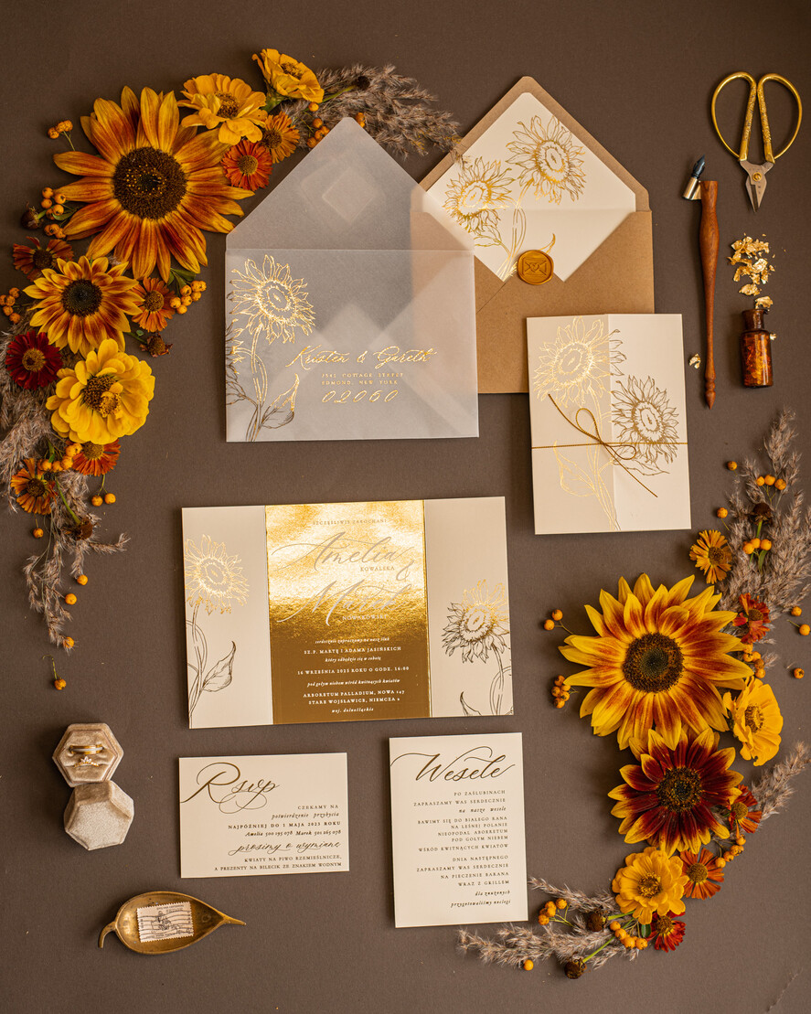 Zaproszenia ślubne Złote Glamour Złote  Minimalistyczne zaproszenia ślubne, złocone Słoneczniki zaproszenie ślubne Nowoczesne zaproszenie na ślub6