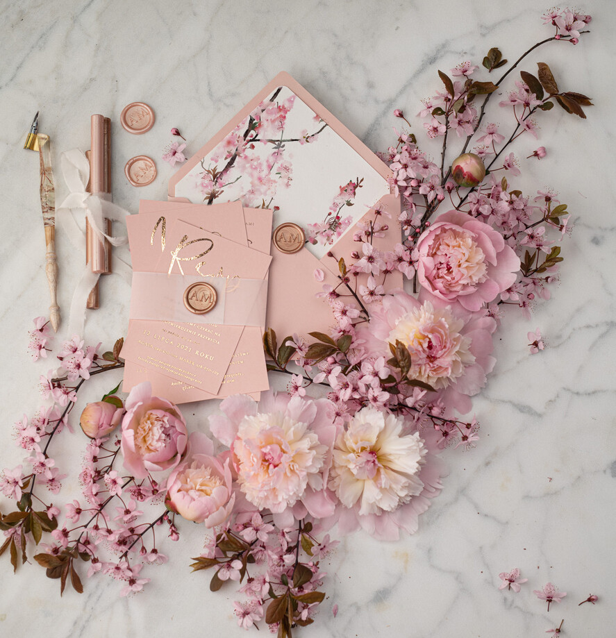 Zaproszenia ślubne Złote Glamour złote zaproszenia ślubne boho kwitnace wisnie złocone zaproszenie na ślub  2