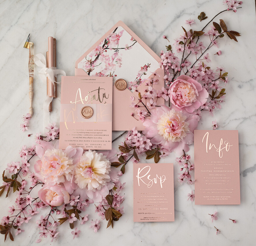 Zaproszenia ślubne Złote Glamour złote zaproszenia ślubne boho kwitnace wisnie złocone zaproszenie na ślub  0