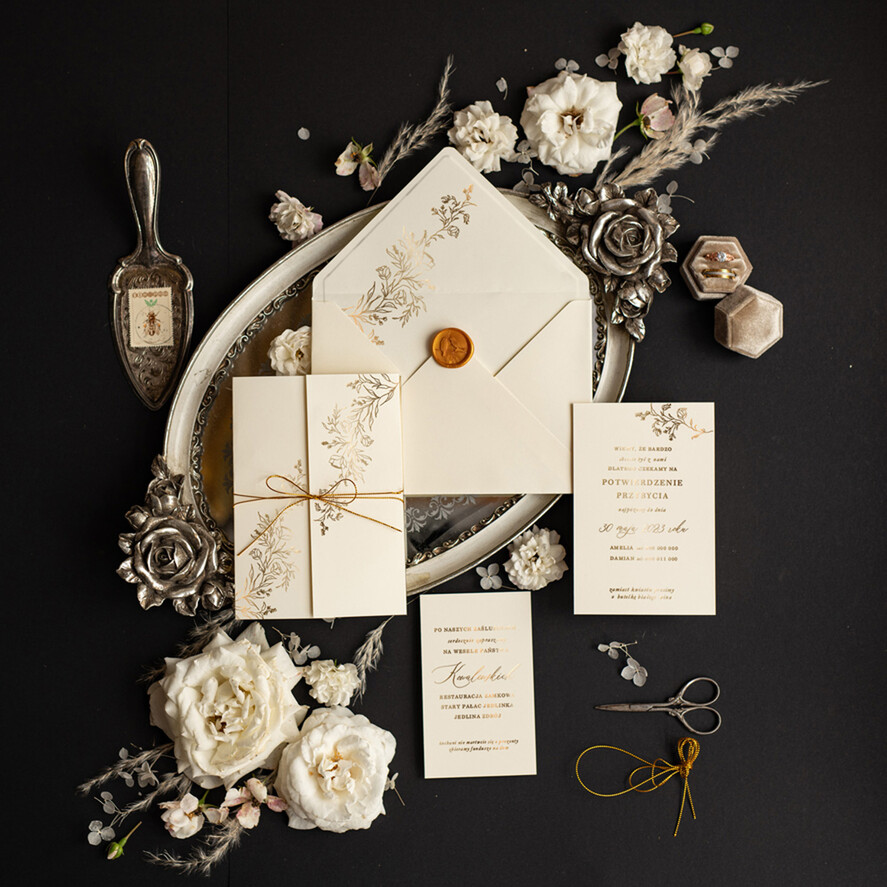 Zaproszenia ślubne Złote Glamour Proste Złocone zaproszenia ślubne wykonywane ręcznie, klasyczne wesele Krem i Złoto Minimalistyczne Zaproszenia na Ślub 2