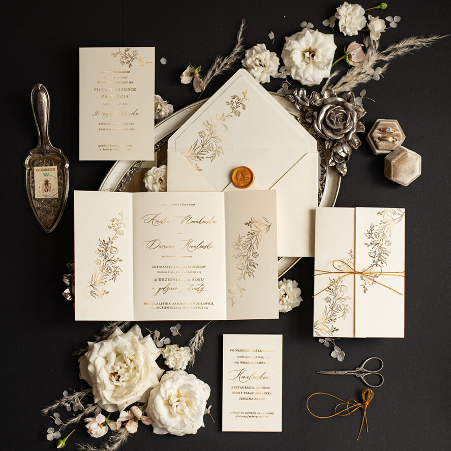 Zaproszenia ślubne Złote Glamour Proste Złocone zaproszenia ślubne wykonywane ręcznie, klasyczne wesele Krem i Złoto Minimalistyczne Zaproszenia na Ślub 0