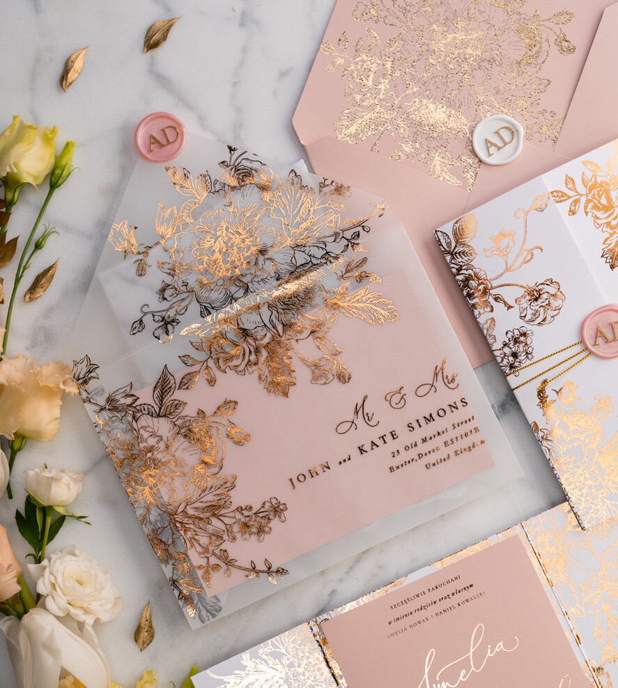 Zaproszenia ślubne Złote Glamour złote zaproszenia ślubne wykonywane ręcznie styl glamour w kolorystyce pudrowego różu i złota1