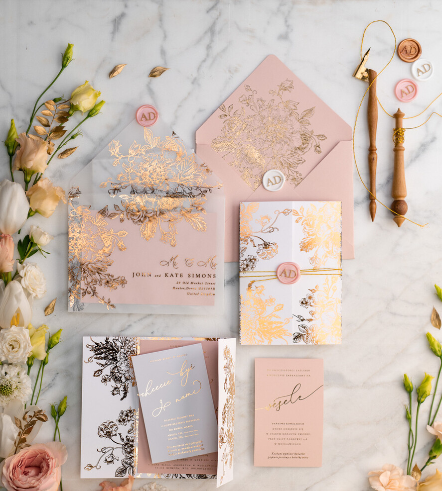 Zaproszenia ślubne Złote Glamour złote zaproszenia ślubne wykonywane ręcznie styl glamour w kolorystyce pudrowego różu i złota10