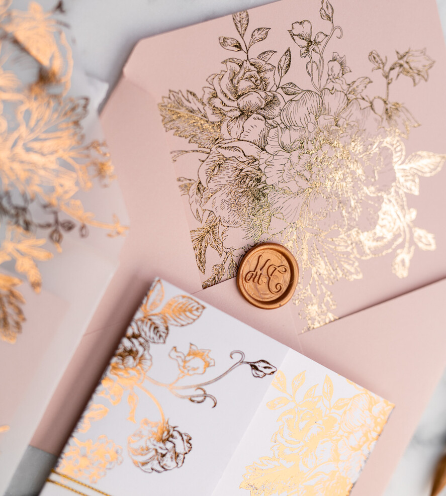 Zaproszenia ślubne Złote Glamour złote zaproszenia ślubne wykonywane ręcznie styl glamour w kolorystyce pudrowego różu i złota13