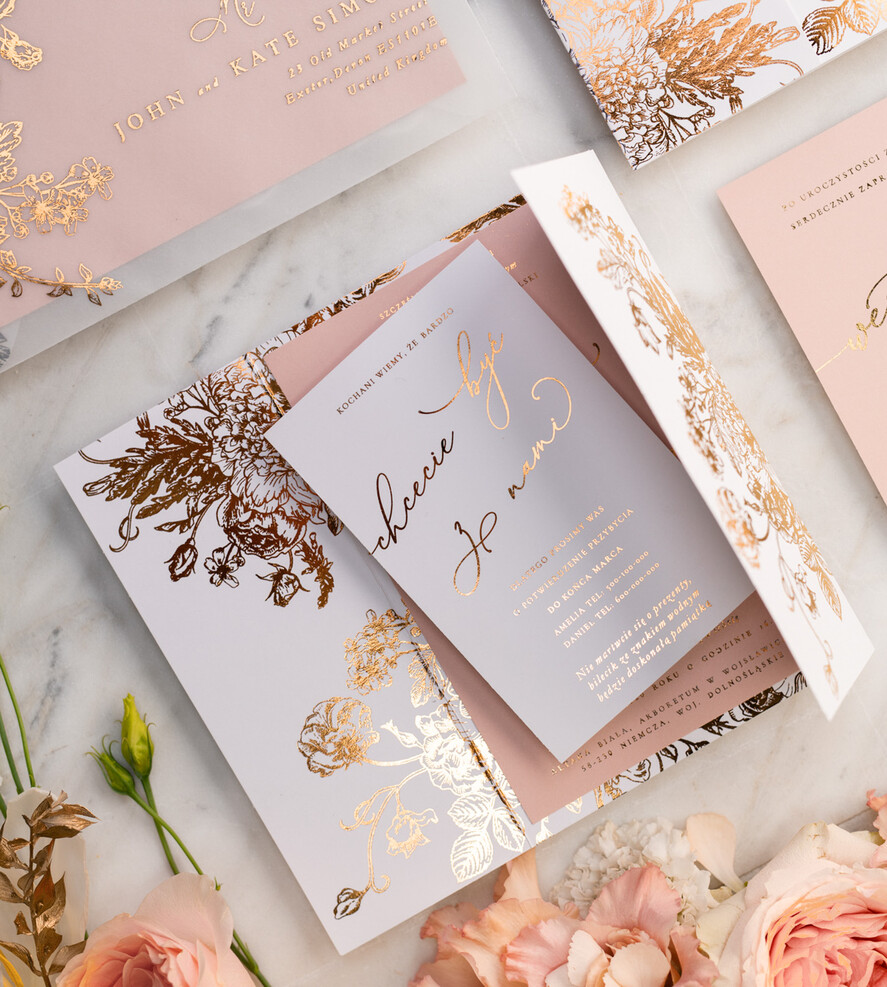 Zaproszenia ślubne Złote Glamour złote zaproszenia ślubne wykonywane ręcznie styl glamour w kolorystyce pudrowego różu i złota20