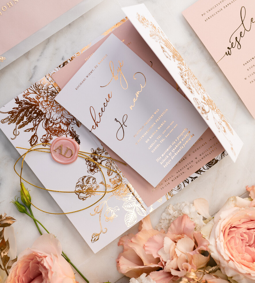 Zaproszenia ślubne Złote Glamour złote zaproszenia ślubne wykonywane ręcznie styl glamour w kolorystyce pudrowego różu i złota22