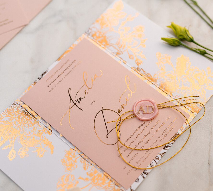 Zaproszenia ślubne Złote Glamour złote zaproszenia ślubne wykonywane ręcznie styl glamour w kolorystyce pudrowego różu i złota25