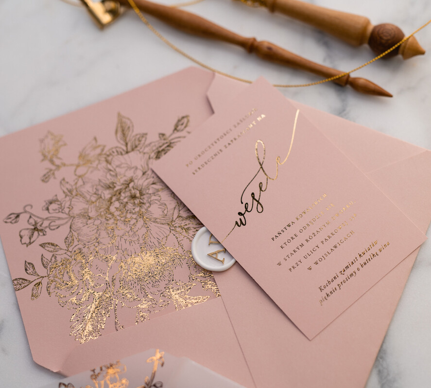Zaproszenia ślubne Złote Glamour złote zaproszenia ślubne wykonywane ręcznie styl glamour w kolorystyce pudrowego różu i złota27