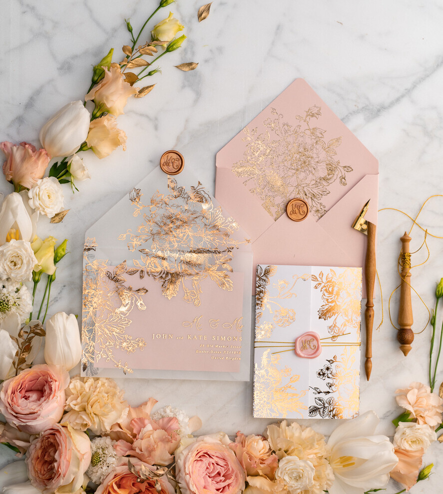 Zaproszenia ślubne Złote Glamour złote zaproszenia ślubne wykonywane ręcznie styl glamour w kolorystyce pudrowego różu i złota31