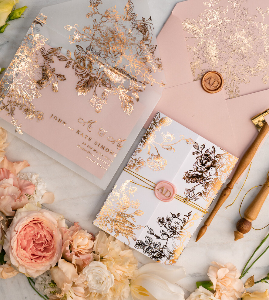 Zaproszenia ślubne Złote Glamour złote zaproszenia ślubne wykonywane ręcznie styl glamour w kolorystyce pudrowego różu i złota34