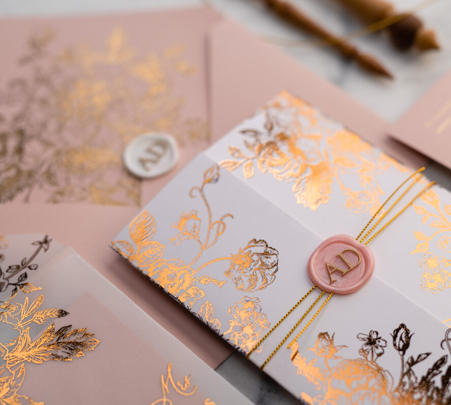Zaproszenia ślubne Złote Glamour złote zaproszenia ślubne wykonywane ręcznie styl glamour w kolorystyce pudrowego różu i złota7