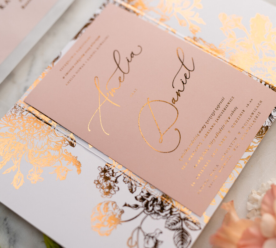 Zaproszenia ślubne Złote Glamour złote zaproszenia ślubne wykonywane ręcznie styl glamour w kolorystyce pudrowego różu i złota8