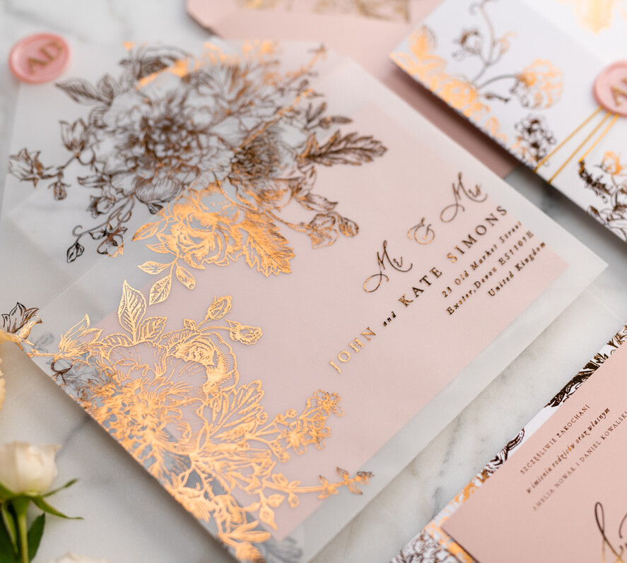 Zaproszenia ślubne Złote Glamour złote zaproszenia ślubne wykonywane ręcznie styl glamour w kolorystyce pudrowego różu i złota9