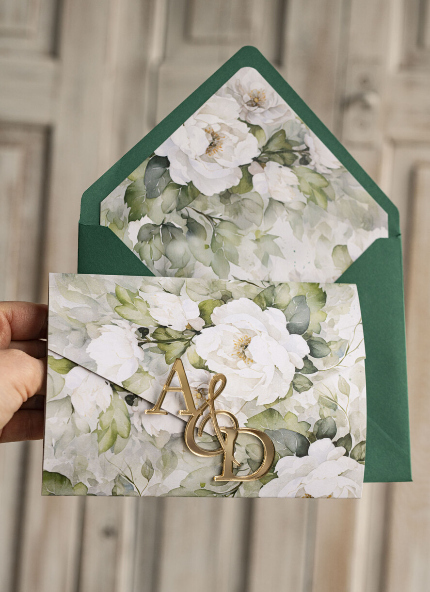 Zaproszenia ślubne Złote Glamour Poziome złote zaproszenia ślubne z lustrzanym monogramem, Kopertowe biało zielone zaproszenie na ślub złocone, zaproszenia na slub cywilny peonie 2
