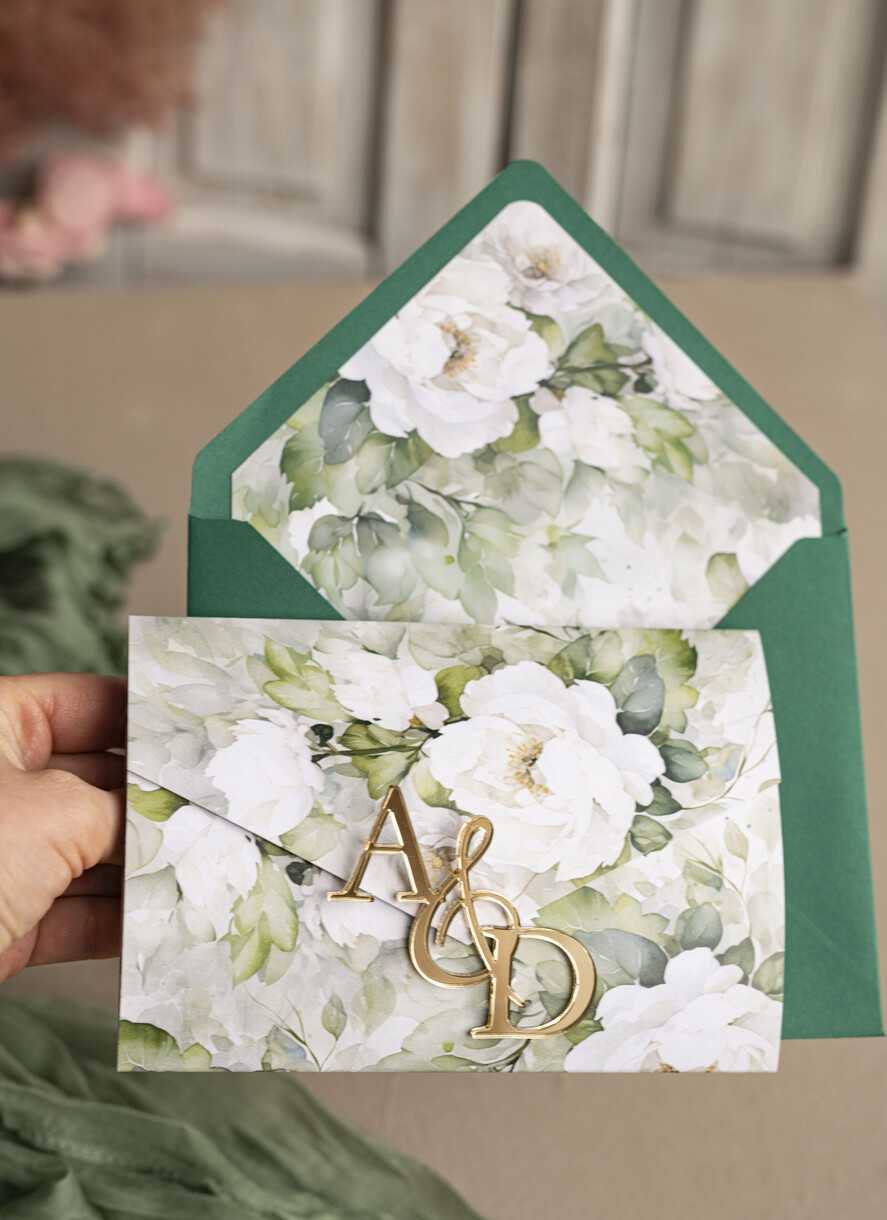 Zaproszenia ślubne Złote Glamour Poziome złote zaproszenia ślubne z lustrzanym monogramem, Kopertowe biało zielone zaproszenie na ślub złocone, zaproszenia na slub cywilny peonie 1