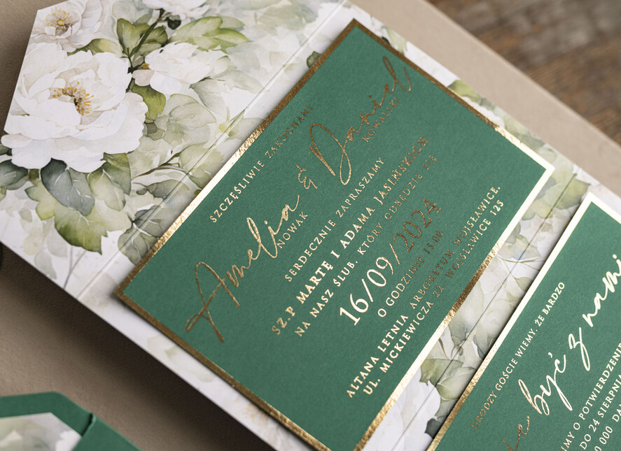 Zaproszenia ślubne Złote Glamour Poziome złote zaproszenia ślubne z lustrzanym monogramem, Kopertowe biało zielone zaproszenie na ślub złocone, zaproszenia na slub cywilny peonie 10