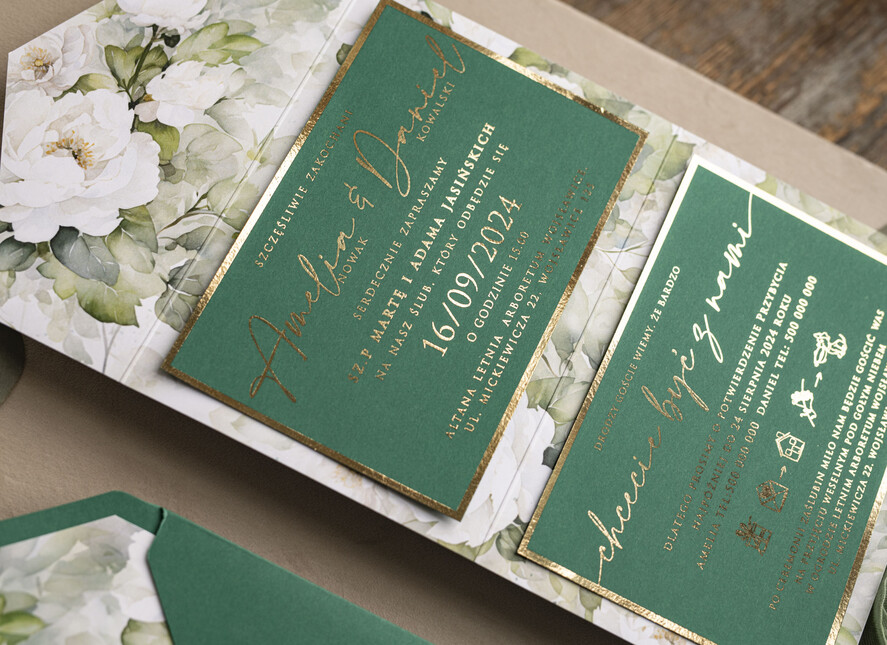 Zaproszenia ślubne Złote Glamour Poziome złote zaproszenia ślubne z lustrzanym monogramem, Kopertowe biało zielone zaproszenie na ślub złocone, zaproszenia na slub cywilny peonie 11