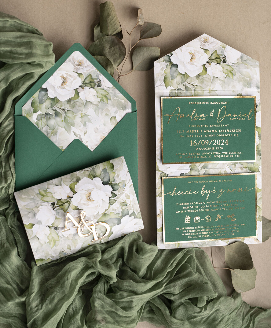 Zaproszenia ślubne Złote Glamour Poziome złote zaproszenia ślubne z lustrzanym monogramem, Kopertowe biało zielone zaproszenie na ślub złocone, zaproszenia na slub cywilny peonie 12