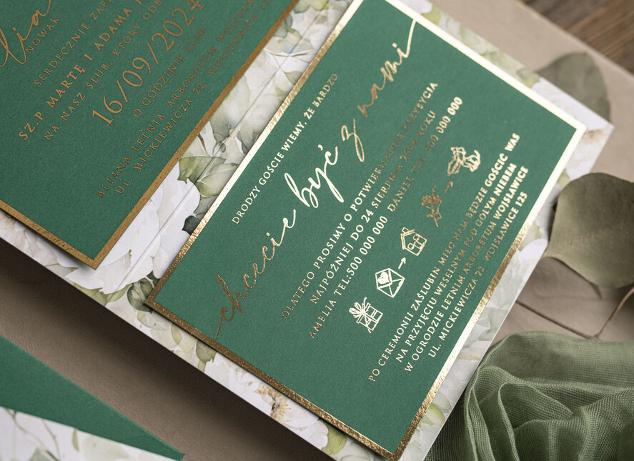 Zaproszenia ślubne Złote Glamour Poziome złote zaproszenia ślubne z lustrzanym monogramem, Kopertowe biało zielone zaproszenie na ślub złocone, zaproszenia na slub cywilny peonie 9