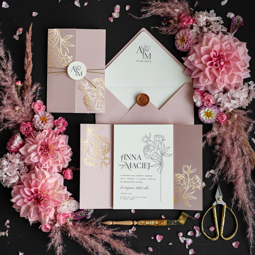 Zaproszenia ślubne Złote Glamour nietypowe zaproszenia na ślub, nowoczesny styl glamour, delikatne złote zaproszenia ślubne z piwonią  1