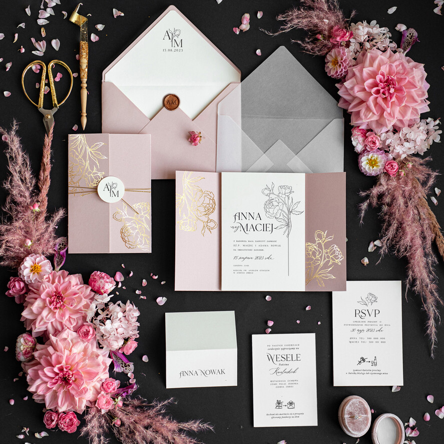 Zaproszenia ślubne Złote Glamour nietypowe zaproszenia na ślub, nowoczesny styl glamour, delikatne złote zaproszenia ślubne z piwonią  0