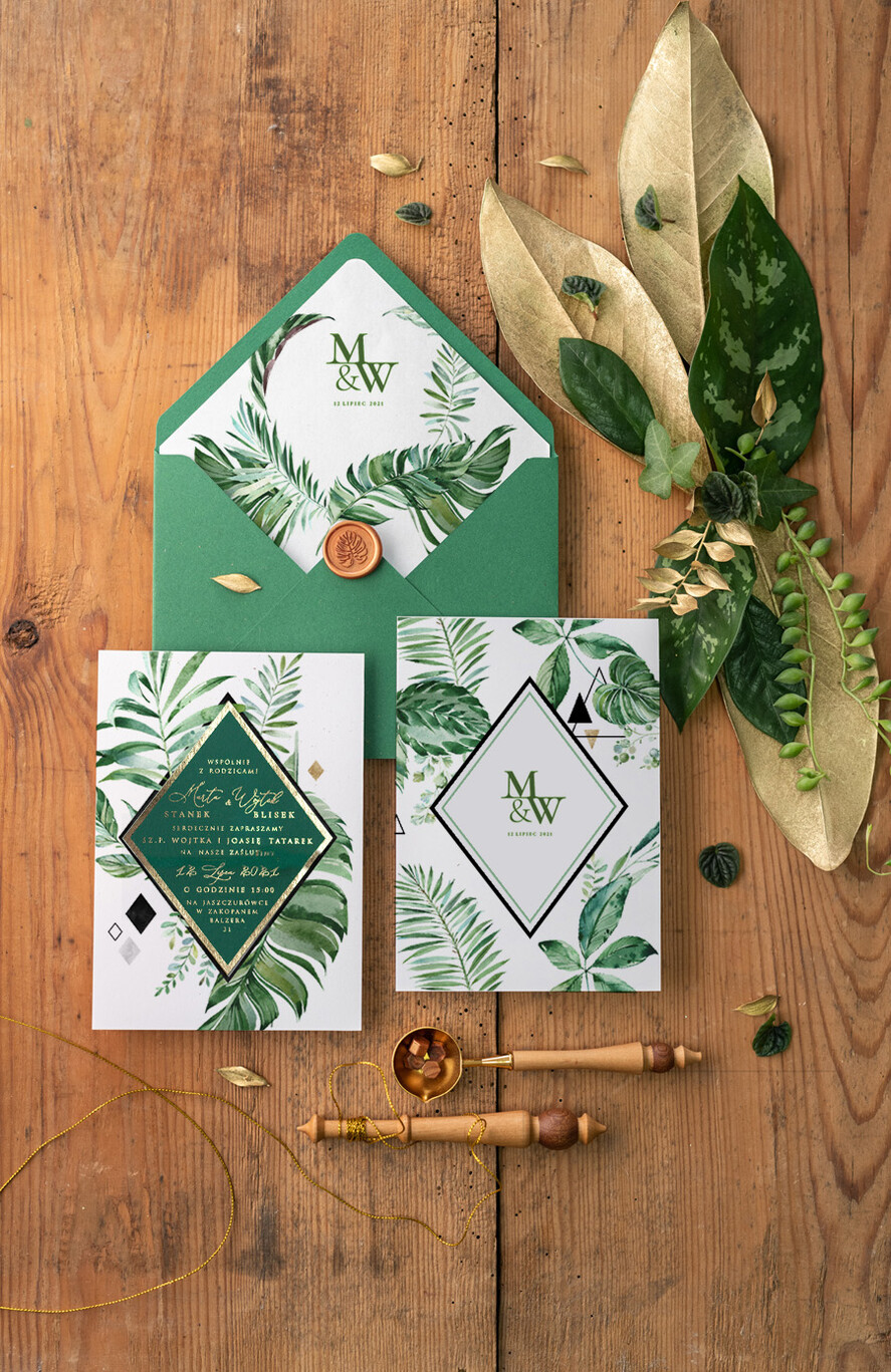 Zaproszenia ślubne Złote Glamour tropikalne zaproszenia ślubne  glamour w kolorach butelkowej zieleni i złota zaproszenie na ślub z liśćmi 3