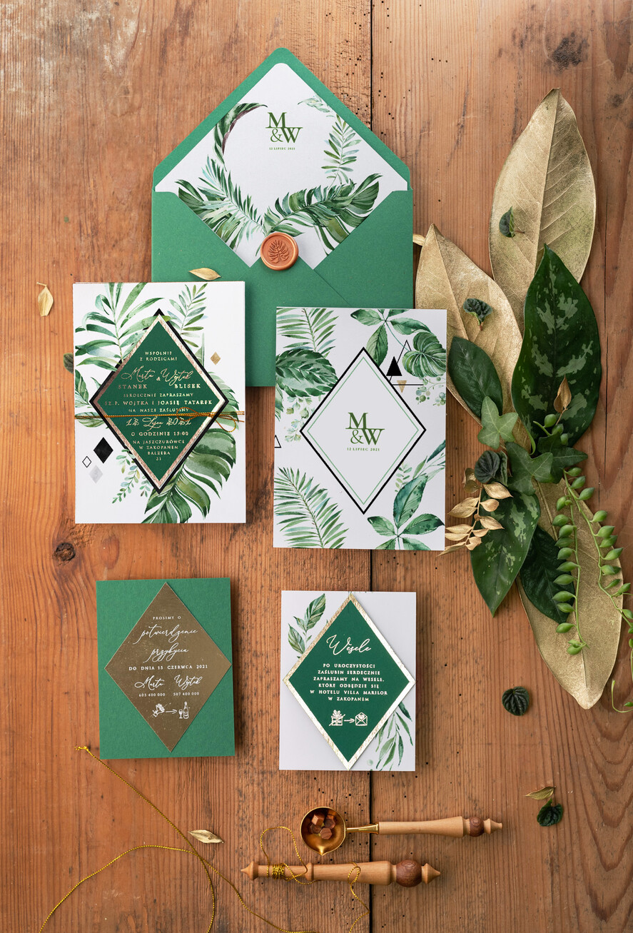 Zaproszenia ślubne Złote Glamour tropikalne zaproszenia ślubne  glamour w kolorach butelkowej zieleni i złota zaproszenie na ślub z liśćmi 5