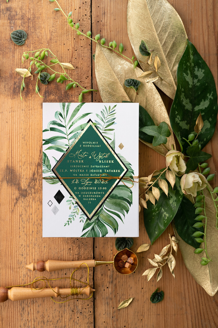 Zaproszenia ślubne Złote Glamour tropikalne zaproszenia ślubne  glamour w kolorach butelkowej zieleni i złota zaproszenie na ślub z liśćmi 6