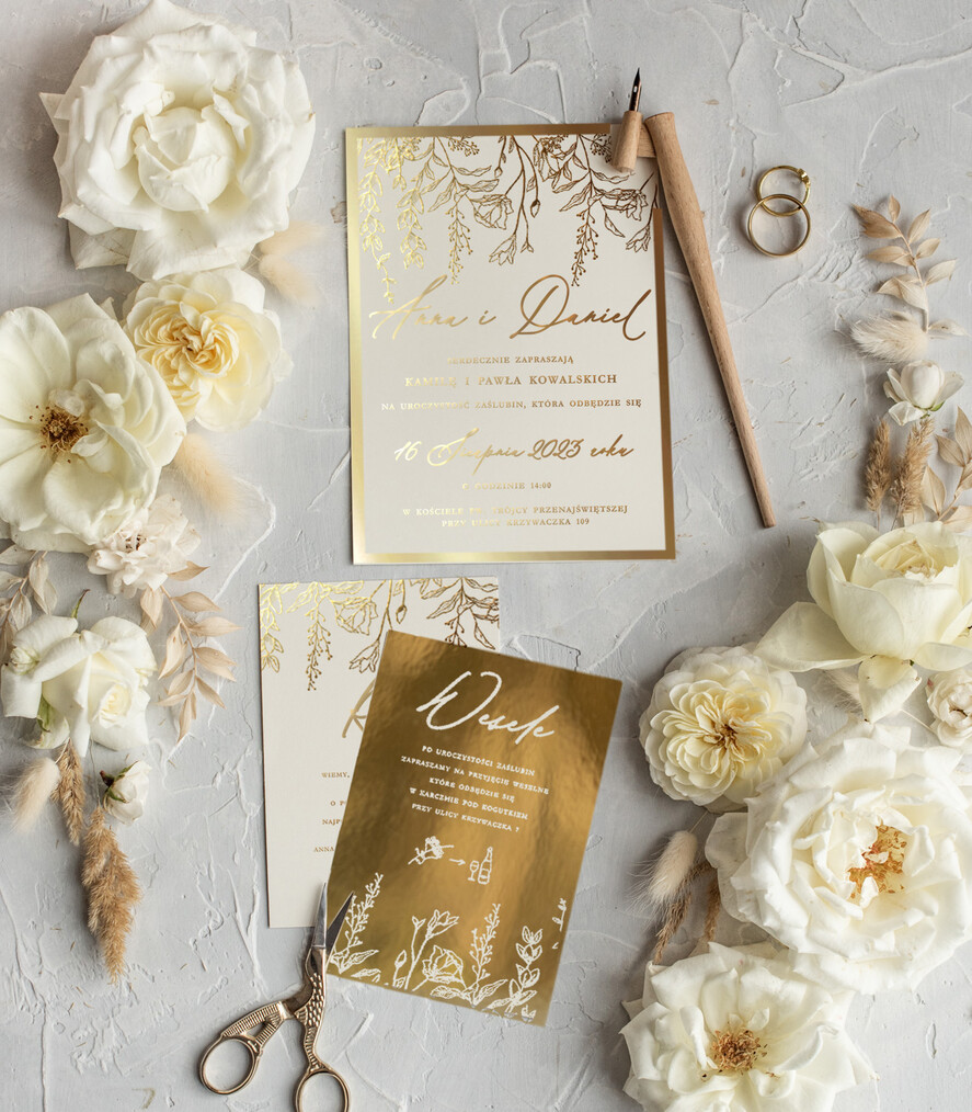 Zaproszenia ślubne Złote Glamour Złote Zaproszenia Ślubne z Listkami  Glamour Proste  Złocone Zaproszenia na Ślub Minimalistyczne Zaproszenie ślubne  2