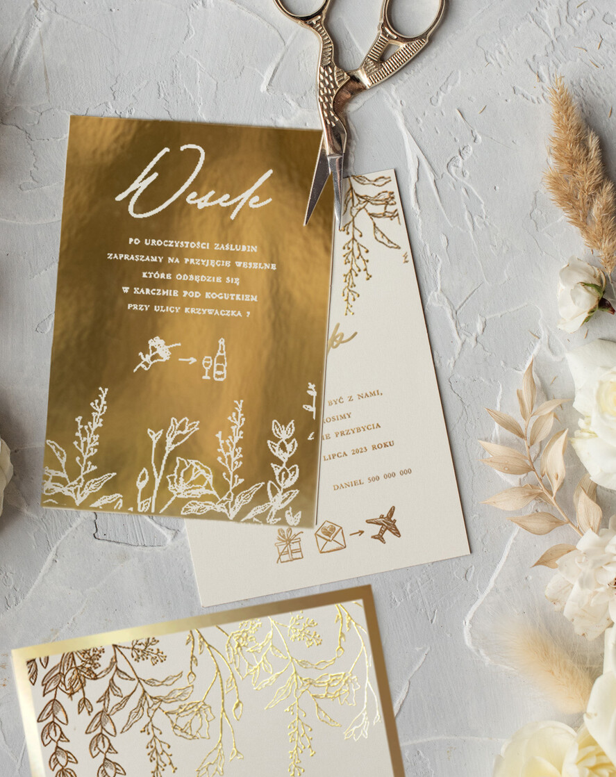 Zaproszenia ślubne Złote Glamour Złote Zaproszenia Ślubne z Listkami  Glamour Proste  Złocone Zaproszenia na Ślub Minimalistyczne Zaproszenie ślubne  5