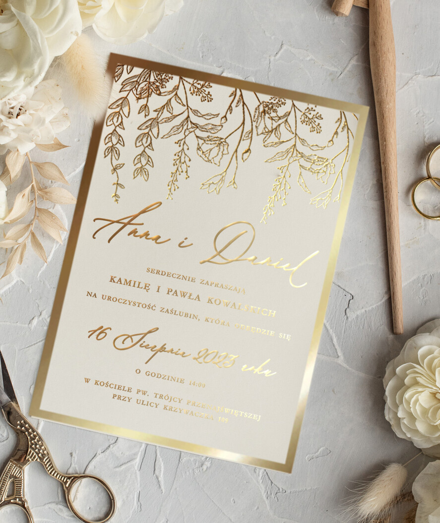 Zaproszenia ślubne Złote Glamour Złote Zaproszenia Ślubne z Listkami  Glamour Proste  Złocone Zaproszenia na Ślub Minimalistyczne Zaproszenie ślubne  6
