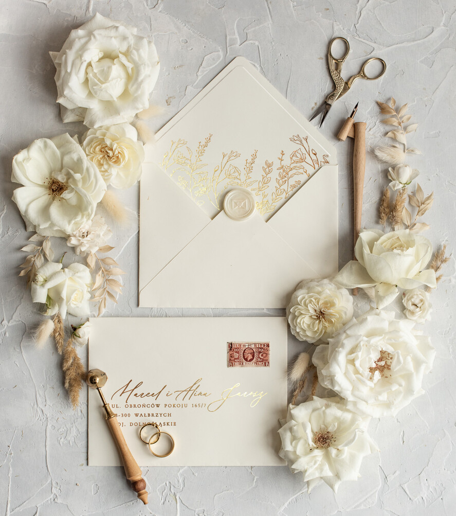 Zaproszenia ślubne Złote Glamour Złote Zaproszenia Ślubne z Listkami  Glamour Proste  Złocone Zaproszenia na Ślub Minimalistyczne Zaproszenie ślubne  7