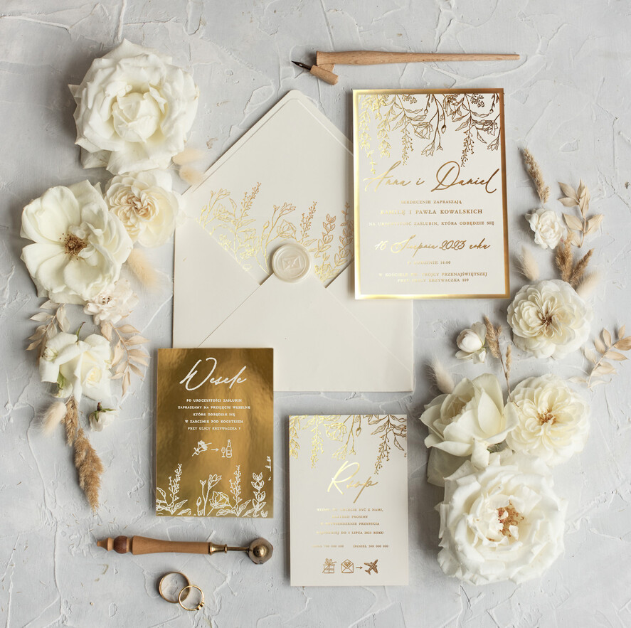 Zaproszenia ślubne Złote Glamour Złote Zaproszenia Ślubne z Listkami  Glamour Proste  Złocone Zaproszenia na Ślub Minimalistyczne Zaproszenie ślubne  8